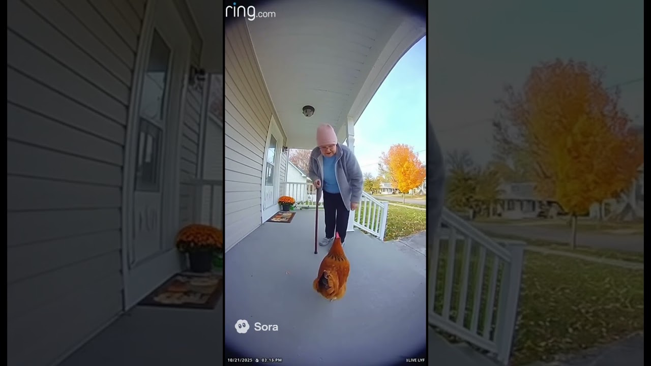 Ring Doorbell captures fat grandma telling chicken to get off her property 
