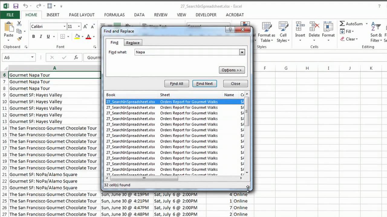 how to search for a document in excel