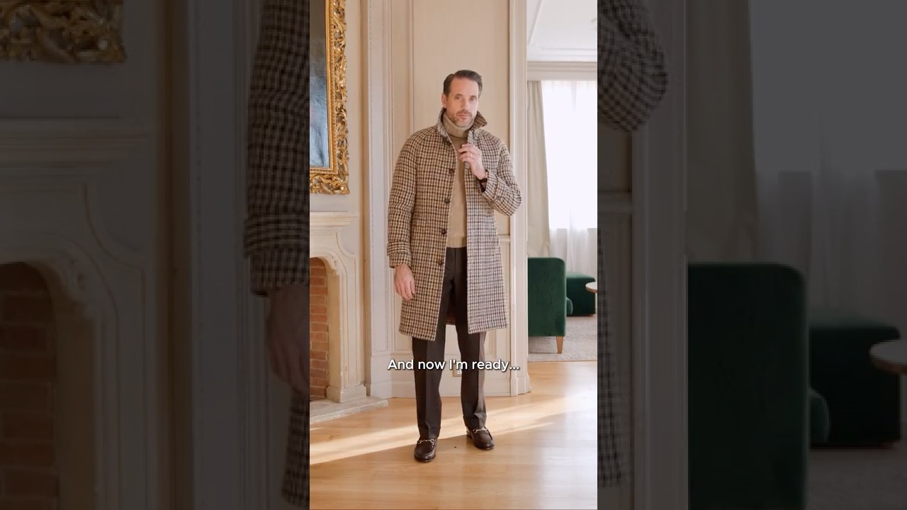 Идея зимнего образа с пальто Balmacaan в клетку «гусиная лапка»