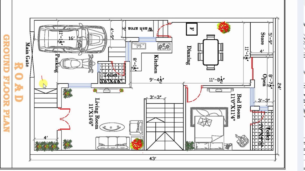 24x43 ft BEST HOUSE PLAN DRAWING YouTube 