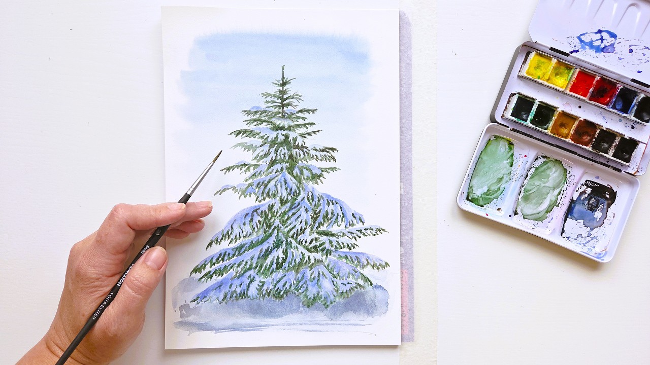 Как нарисовать заснеженную рождественскую елку акварелью. Урок по рисованию