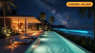 Tropical Villa & Glowing Ocean 🌌 Starry Sky, Crackling Fire & Calm Piano for Deep Sleep