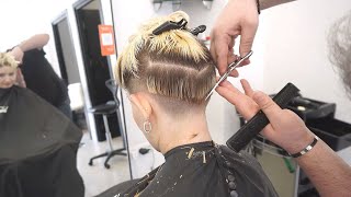 : SUPER HAIRCUT - STACKED BLONDE PIXIE BOB CUT WITH UNDERCUT