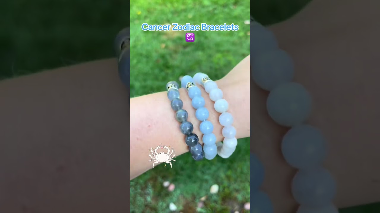 Cancer zodiac crystal bracelets include labradorite, aquamarine, and moonstone