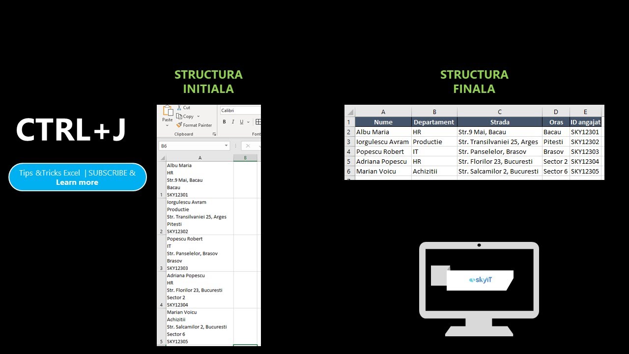 Scurtaturi in Excel: CTRL + J si Text to Columns - YouTube