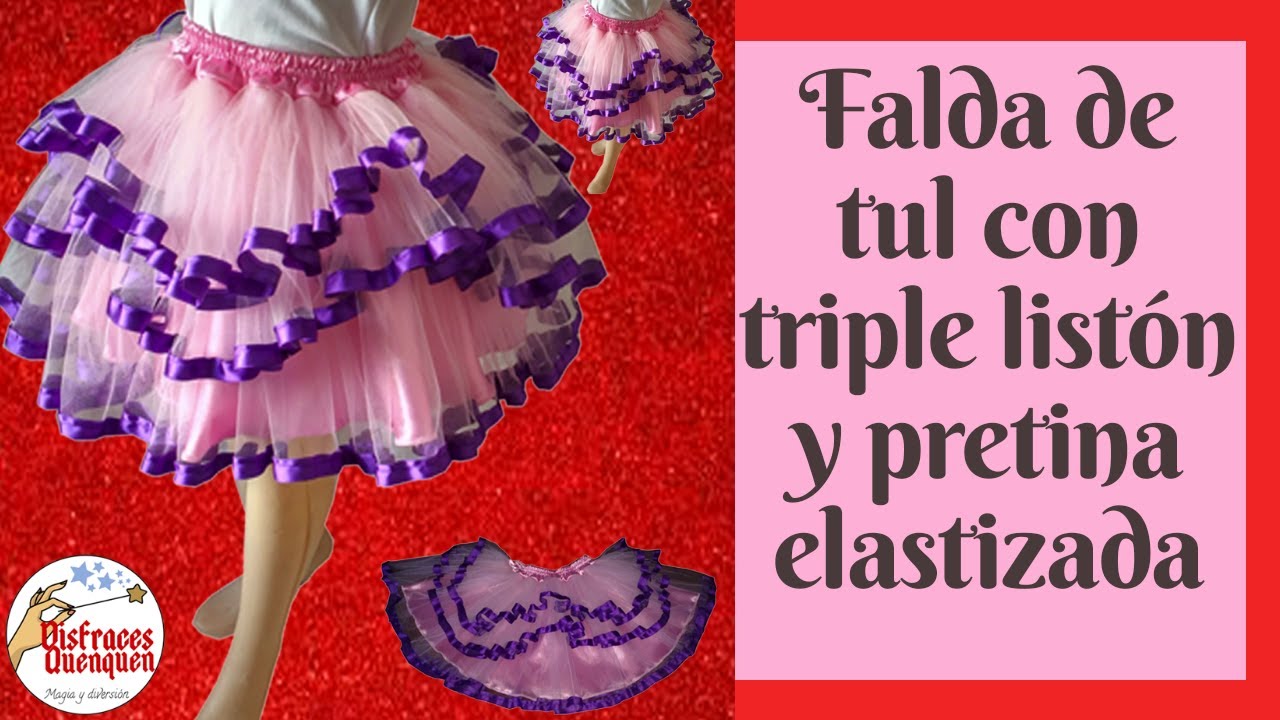 DIY. Falda de tul con listón, forro y pretina elástica 💝 Como hacer un tutu  para niña fácil y bonito 