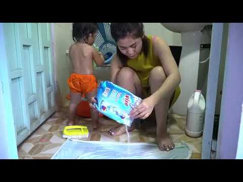 Beautiful Mom Teaching Baby wash Clothes in Bathroom   singel mother creative mom daily