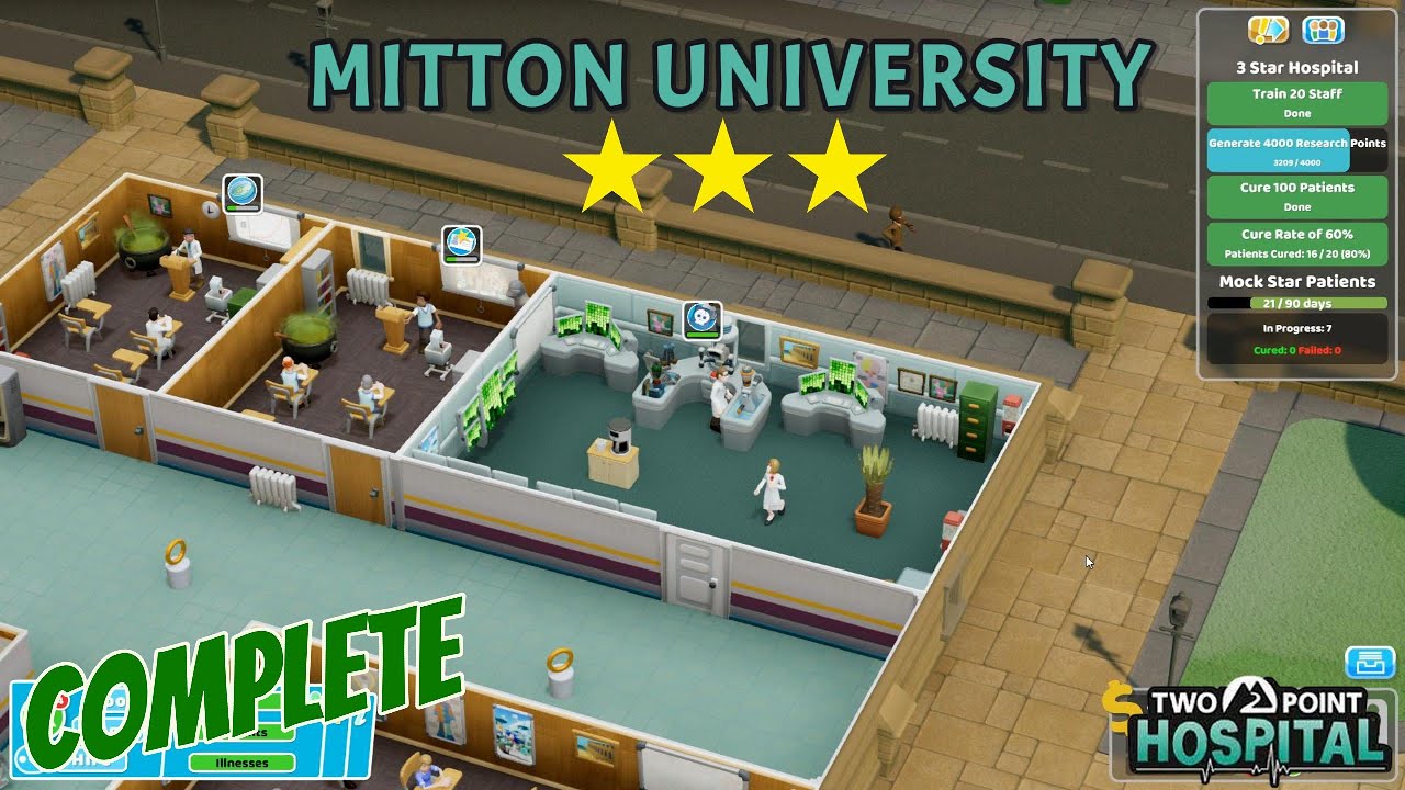 Two Point Hospital Gameplay – Mitton University Completed 3-Star | [PC] No commentary