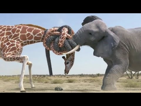 Giraffe Vs Elephant Fight For Water