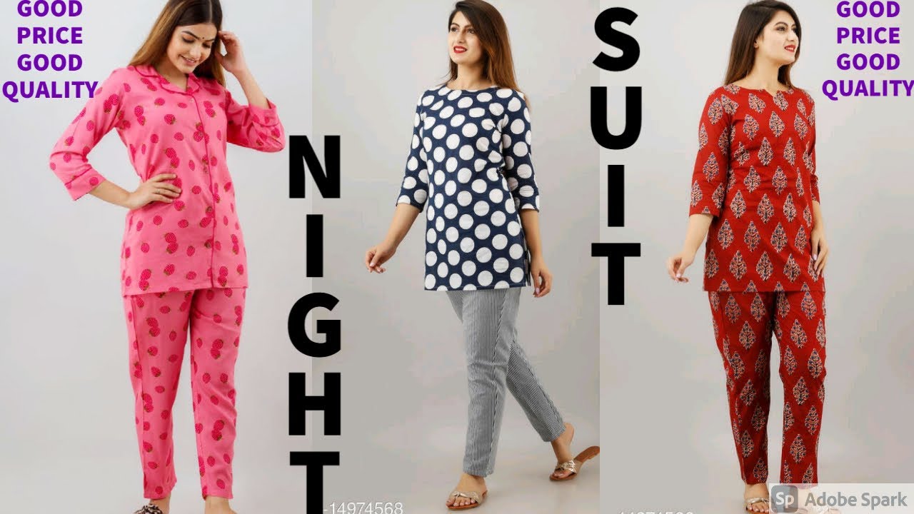 Printed Cotton night suit, Red, Semi-Stretchable