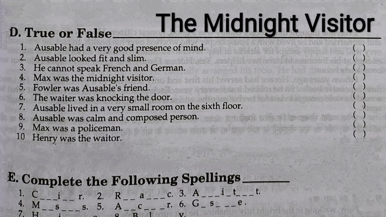 The Midnight Visitor True or False | True False The Midnight Visitor Class 10th| Complete Spelling |