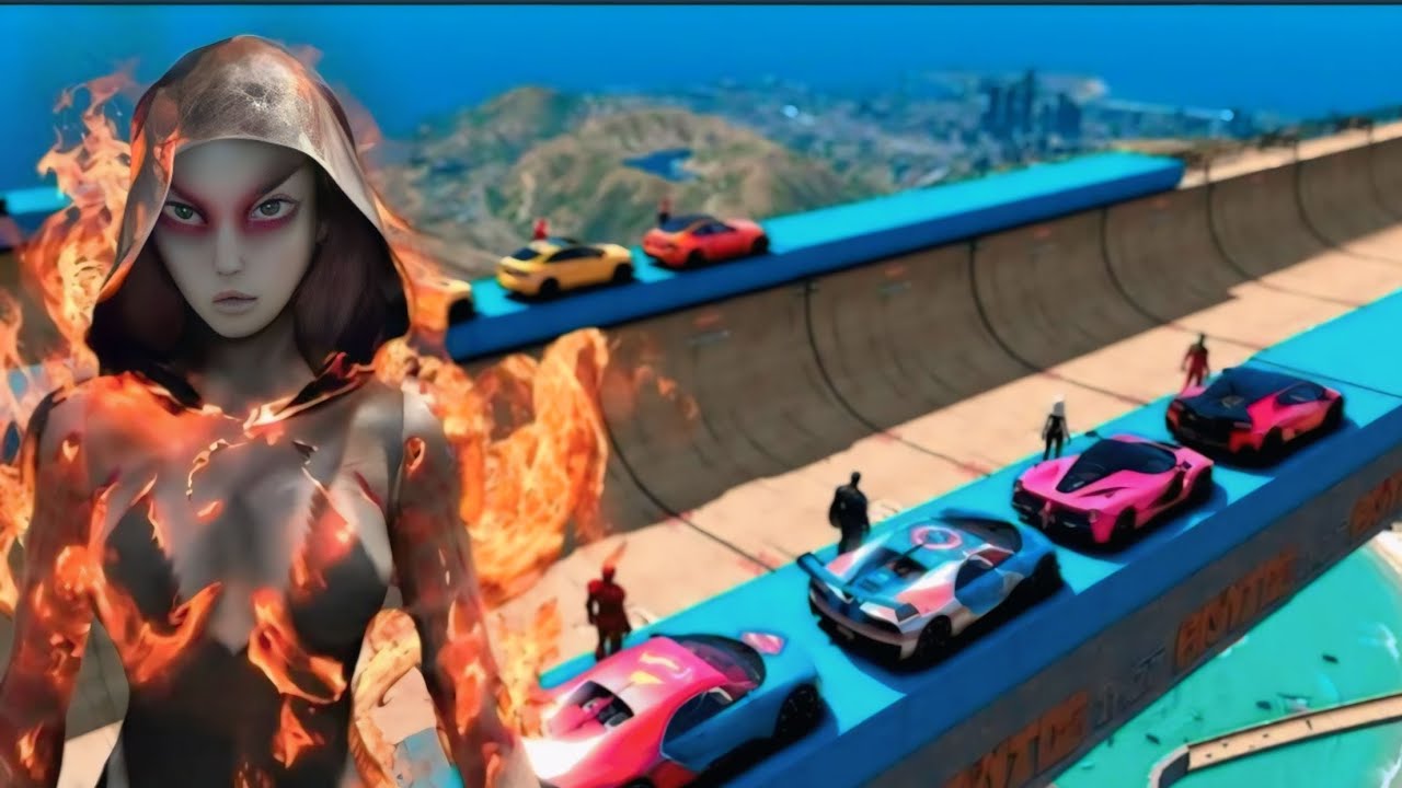 GTA 5 Mid-Track Transformations!Superheroes Switch Cars on the Mega Ramp!