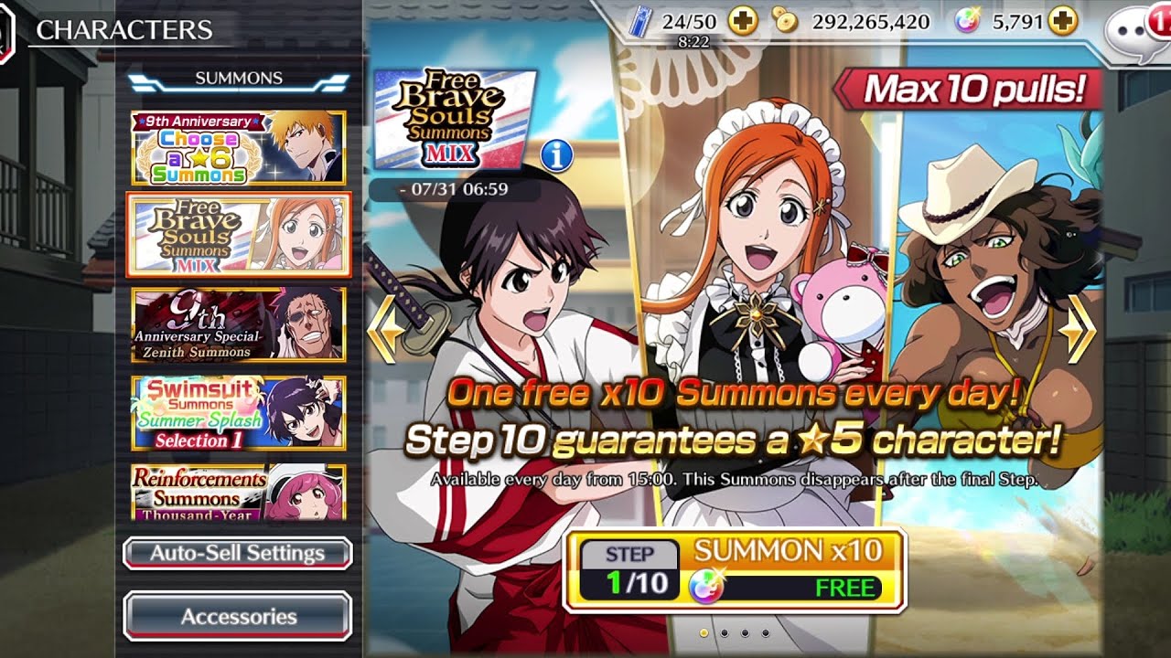 Bleach brave souls 9th anniversary Free brave Souls Summon Mix 10 steps