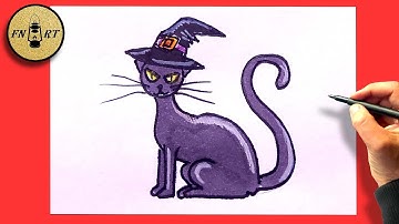 How to draw a black cat with a witch hat for halloween