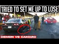 That time they TRIED to set me up to LOSE... | Dodge Demon vs Camaro (Modded) Drag Race