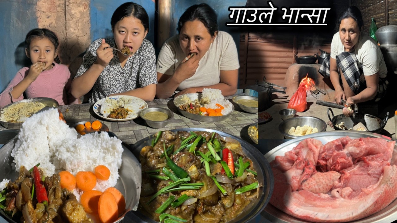 Nepali Village Recipe Pork Meat Gravy Recipe Lentils & Rice Recipe || Eating Nepali Village Family 