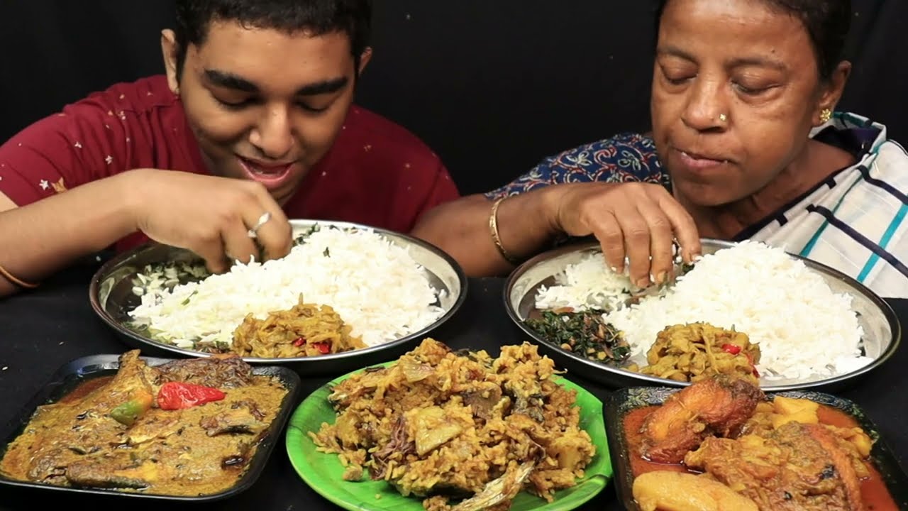 Big bites mukbang Eating rice pomfret fish jhal katla mache jhol muroghonto|asmr eating show