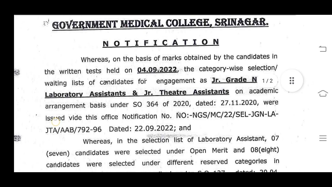Selection List || Lab. Assistant || GMC Srinagar