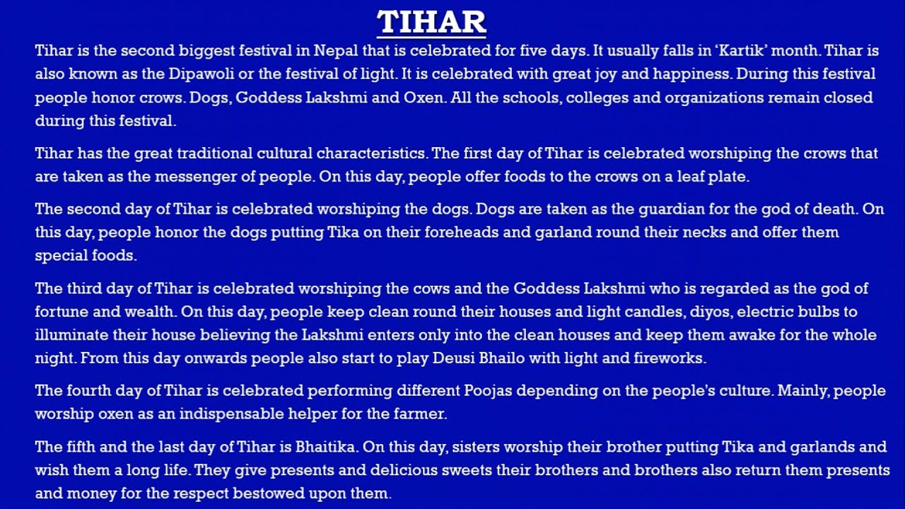 write an essay about tihar in english