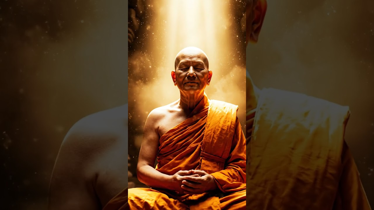 Heavenly realism, glowing Buddha statue surrounded by clouds