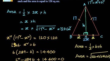 Quadratic Equations:   Example -  Find the base of an isosceles triangle given equal sides and area