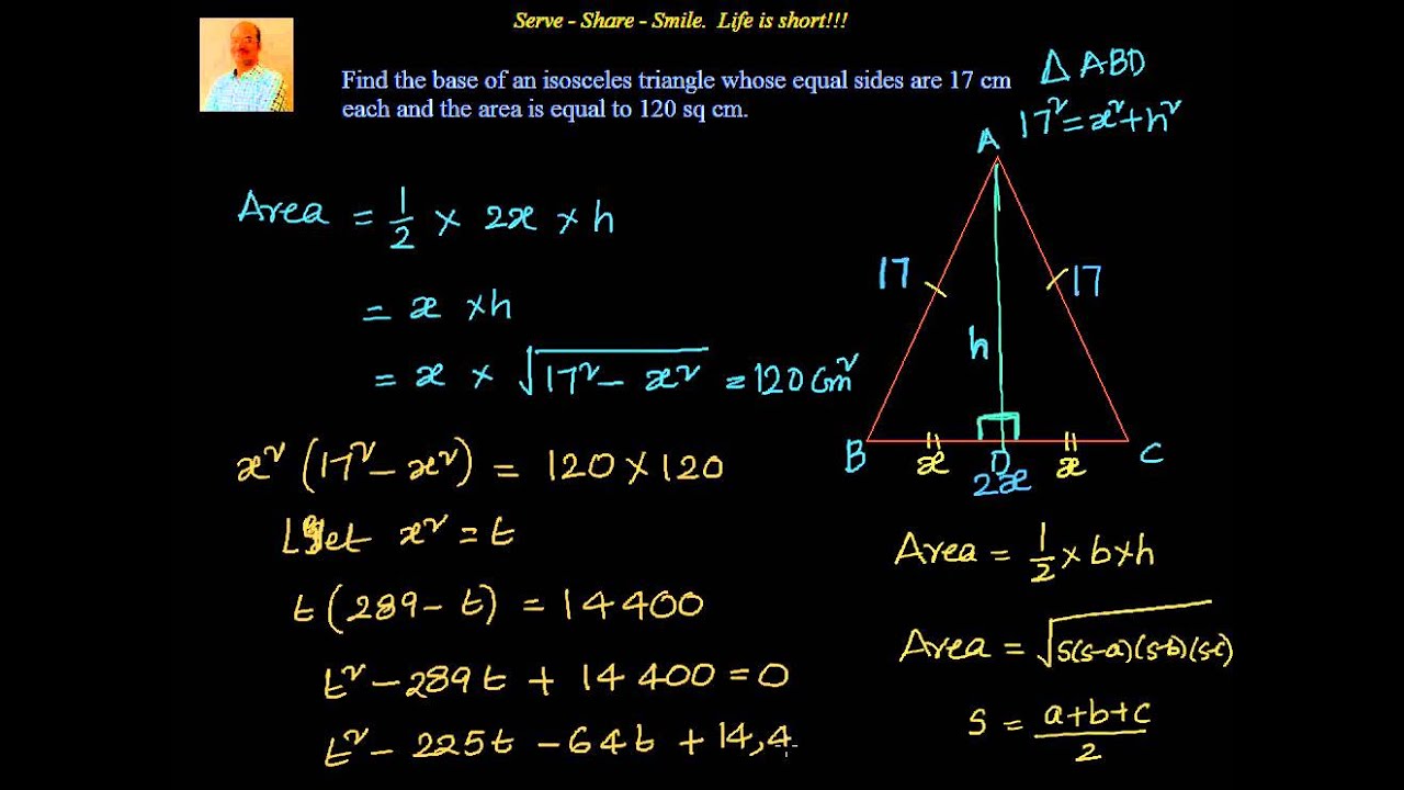 Quadratic Equations: Example - Find the base of an isosceles triangle