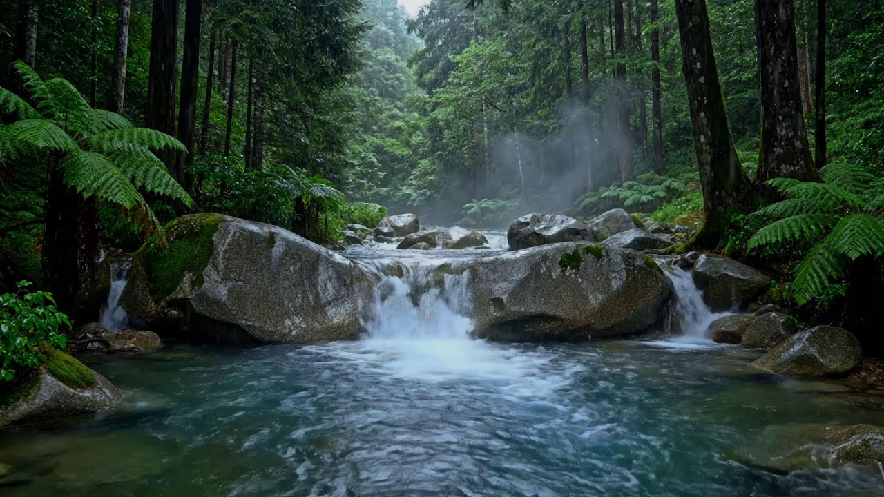 Tranquil Rainfall with River Flow for Meditation and Stress-Free Sleep