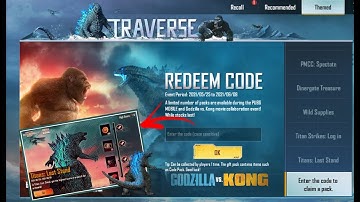 Pubg Mobile Traverse Redeem Code|| Godzilla vs Kong|| 5 Redeem Code