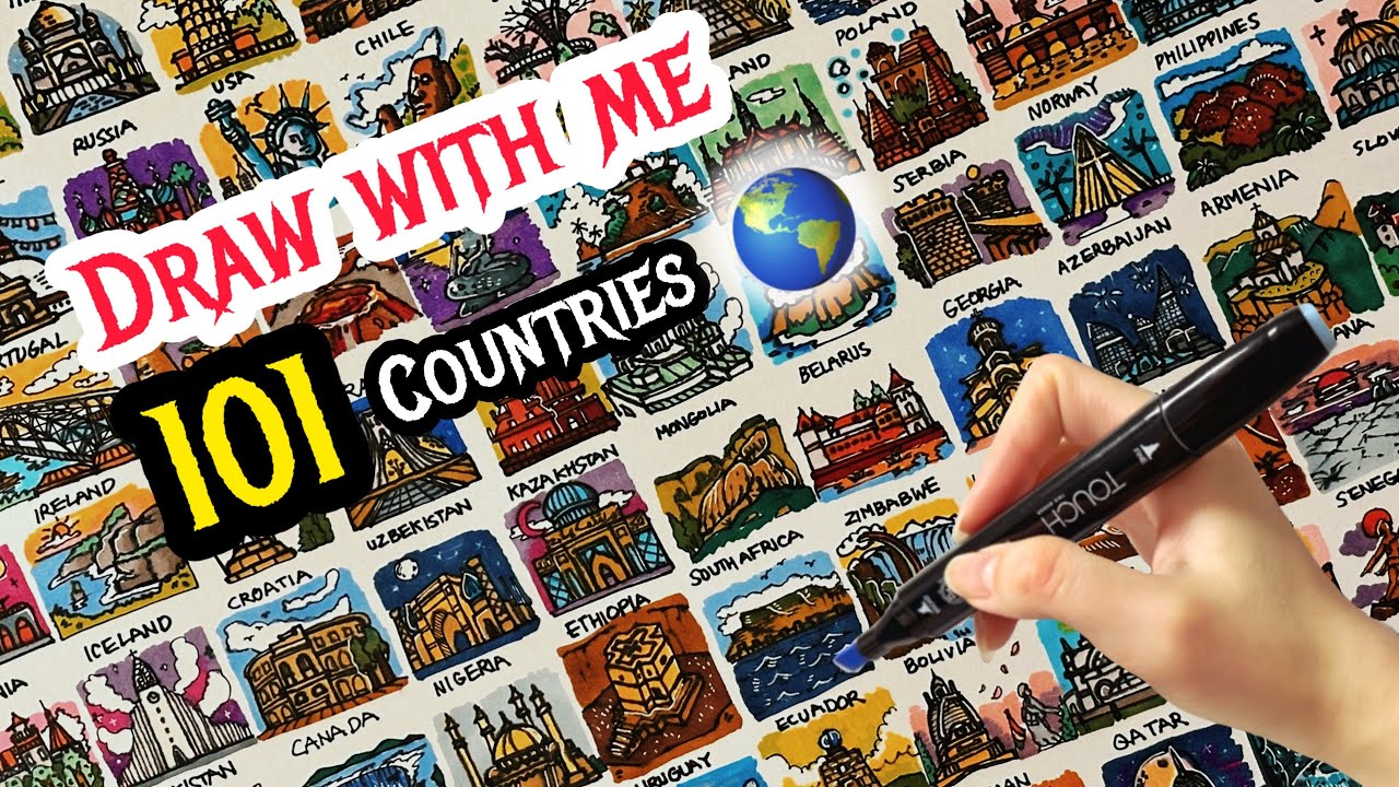 Drawing ASMR 🎨 l 101 Landmarks of the world 🫢 (Can you find your country?)