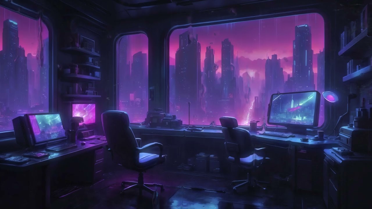 Rain Over Neon Towers from a Futuristic Workspace 🌃 Cyberpunk Ambience | 1 Hour