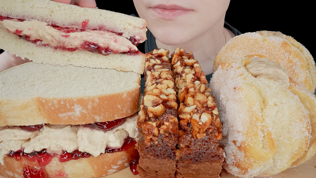 ASMR Peanut Butter & Jelly Banana Bread, Biscuit Cream Donuts & Greek Yogurt Sandwich