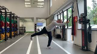 Single leg, single arm (contralateral) cable pull down (supinated grip)