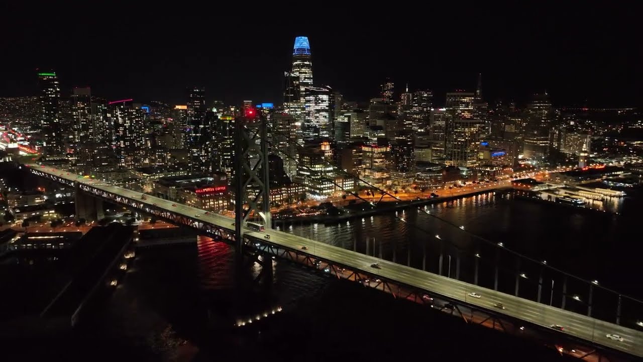 San Francisco Pier 28 Bay Bridge Salesforce Tower Mavic 3 4K Night