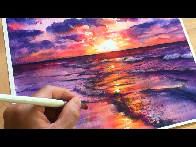 Watercolor Painting] How to Paint an Attractive Ocean at Dusk