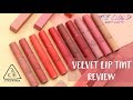 3CE VELVET LIP TINT FULL SWATCH & REVIEW | 10 màu son kem tint lì của hãng 3CE