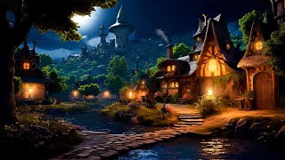 Tranquil Medieval Village Night: Serene River, Frogs, Crickets Ambience