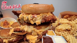 MUKBANG EATING CHICK FIL A HONEY PEPPER PIMENTO CHICKEN BURGER, MAC AND CHEESE, WAFFLE FRIES ASMR