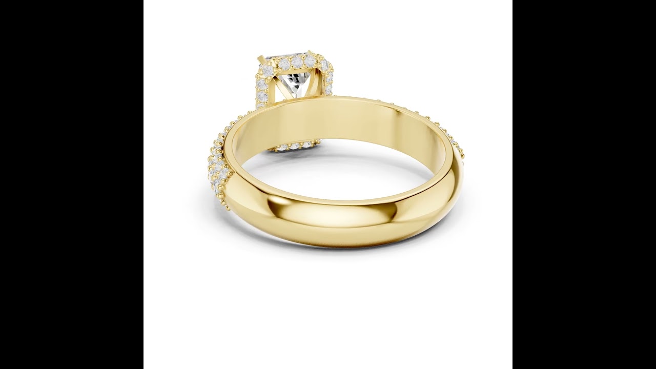 Emerald Cut Diamond Halo with Triple-Row Pavé Band Engagement Ring