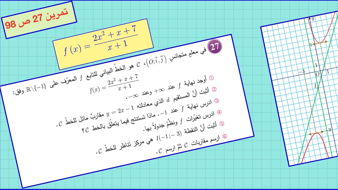 دراسة تغيرات ومقاربات تابع كسري وإثبات تناظر خطه البياني بالنسبة لنقطة تقاطع مقاربيه ،حل ت 27 ص 97.