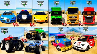 Bugatti Chiron vs Euro Man Truck vs Indian Monster Truck vs Race Semi Truck - GTA 5 Mods Compilation