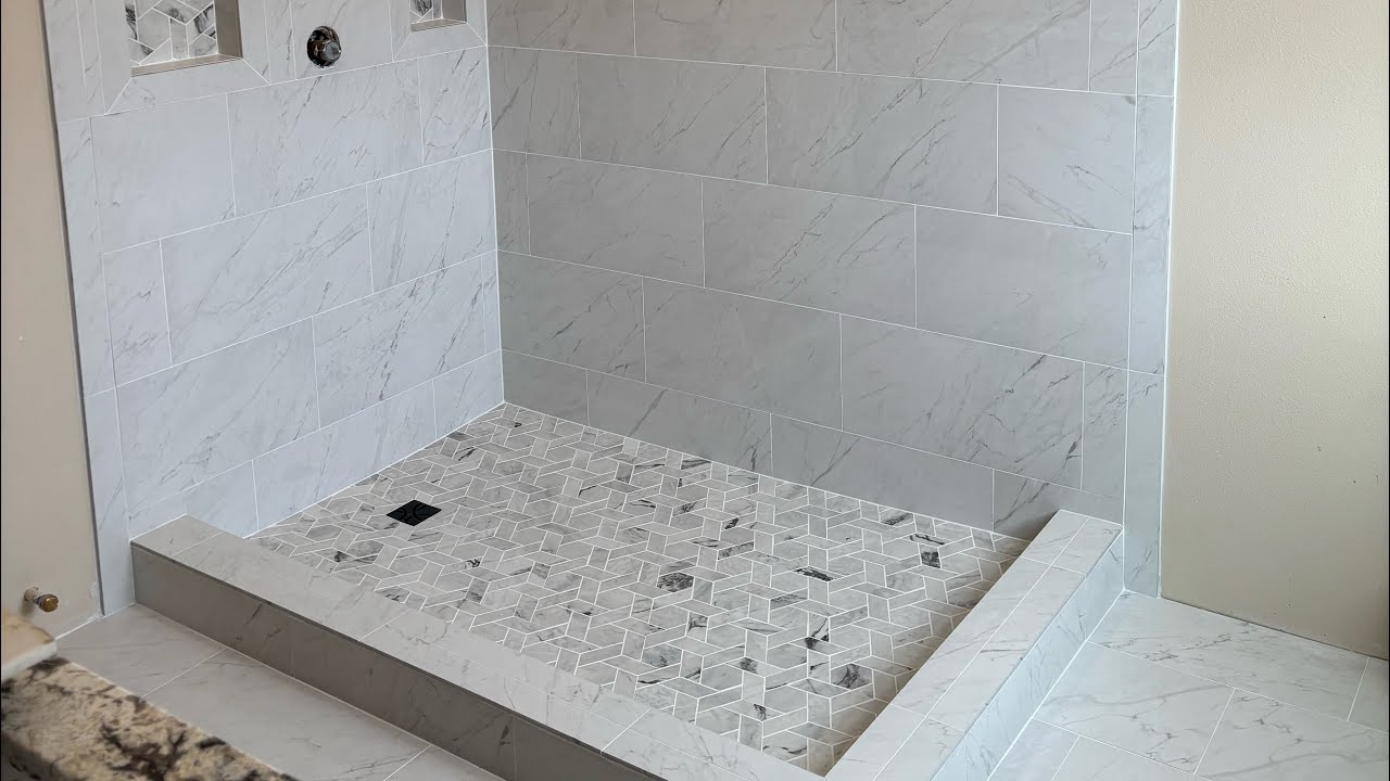 Open walk-in shower tile install - YouTube