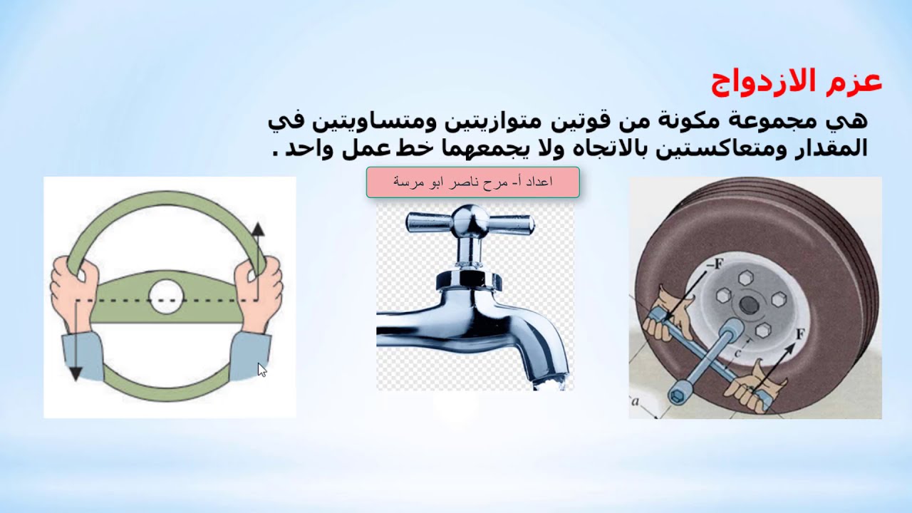 الدرس الخامس و العشرون : عزم الازدواج  فيزياء حادي عشر