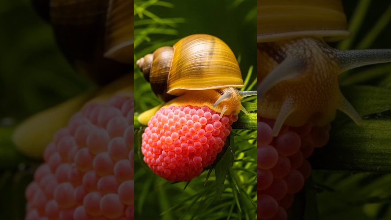 close up of golden apple snail laying eggs🐚🐌🐚🐌