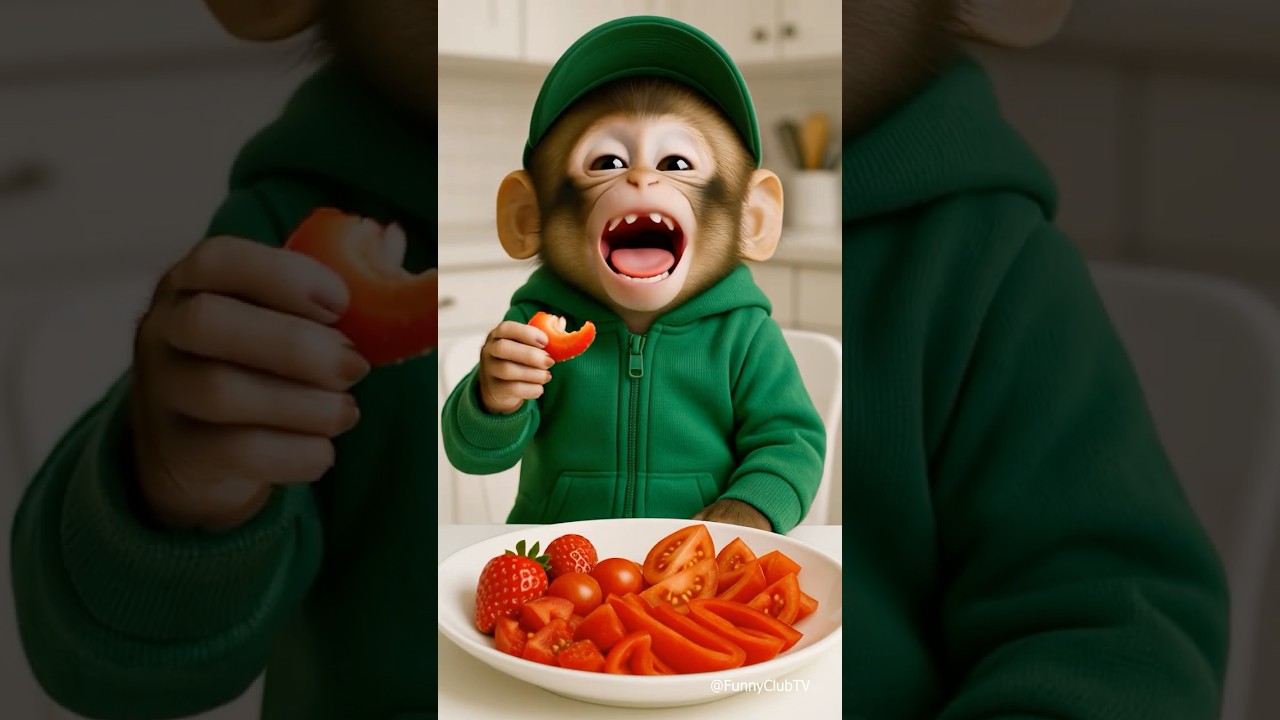 cute baby monkey eating red food 🍓
