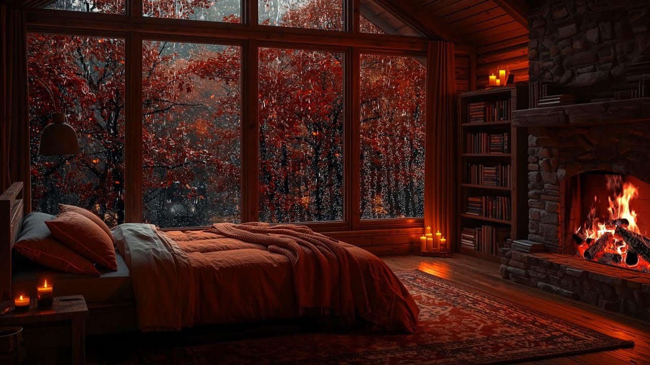 Thunderstorm in a Cozy Autumn Bedroom 🌧🔥  Rain on Windows & Fireplace for Deep Sleep