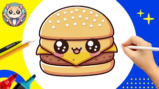 Desenhe e Pinte uma HAMBÚRGUER Fácil 🍔 Desenho de Hambúrguer Kawaii ➖ Desenhos para Crianças