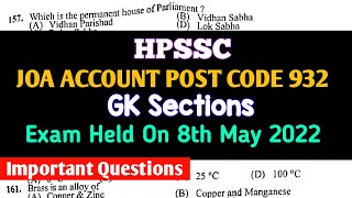 HPSSC JOA ACCOUNT POST CODE 932 GK SECTION Answer key exam held 08 May 2022