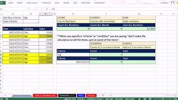 Office 2013 Class #21  Excel Basics 03  Count & Add  COUNT, COUNTA, SUM, COUNTIFS, SUMIFS functions1