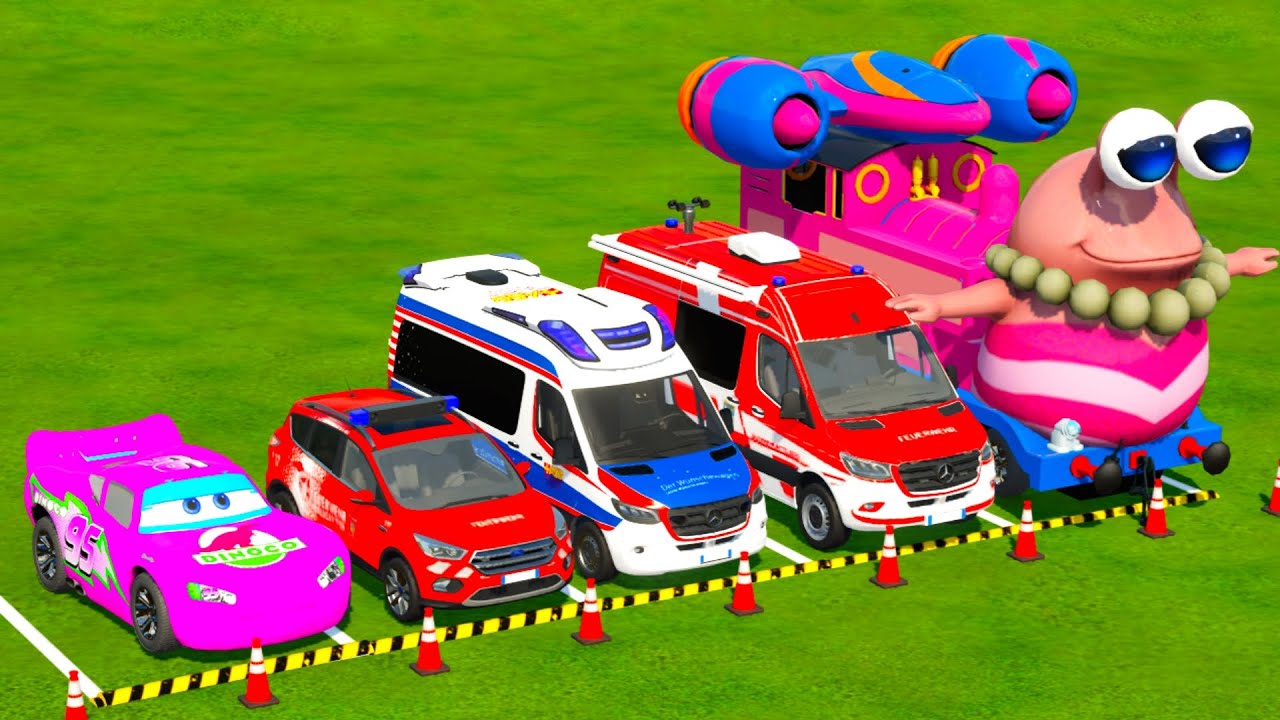 TRANSPORTING PIXAR CARS & FRUITS WITH COLORED & JOHN DEERE vs CLAAS vs TRACTORS - BeamNG.drive #983