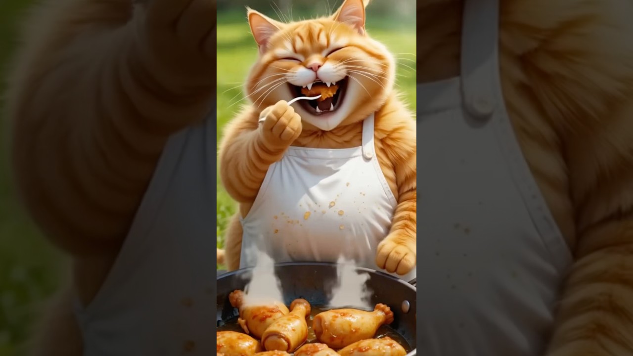 cute cat eating roast chicken